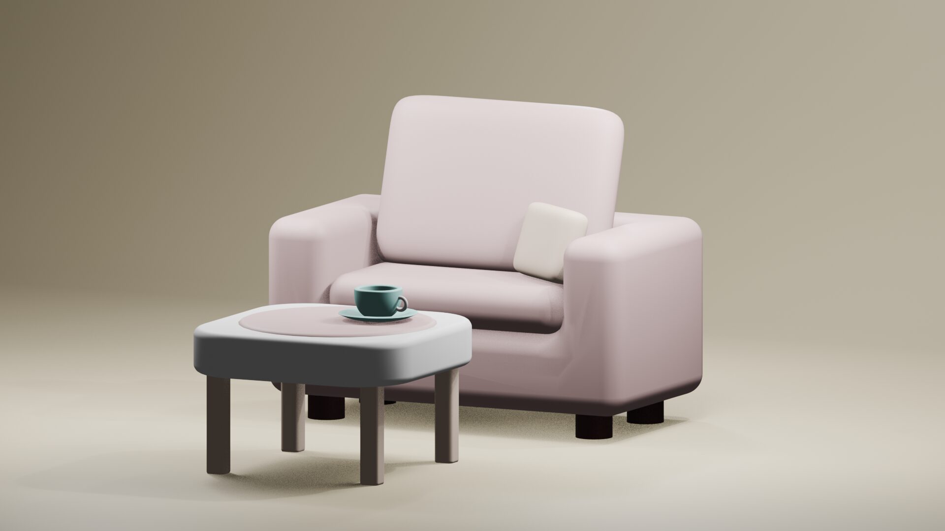 Blenderで制作した、淡いピンクのソファーとテーブル、カップの3D作品
